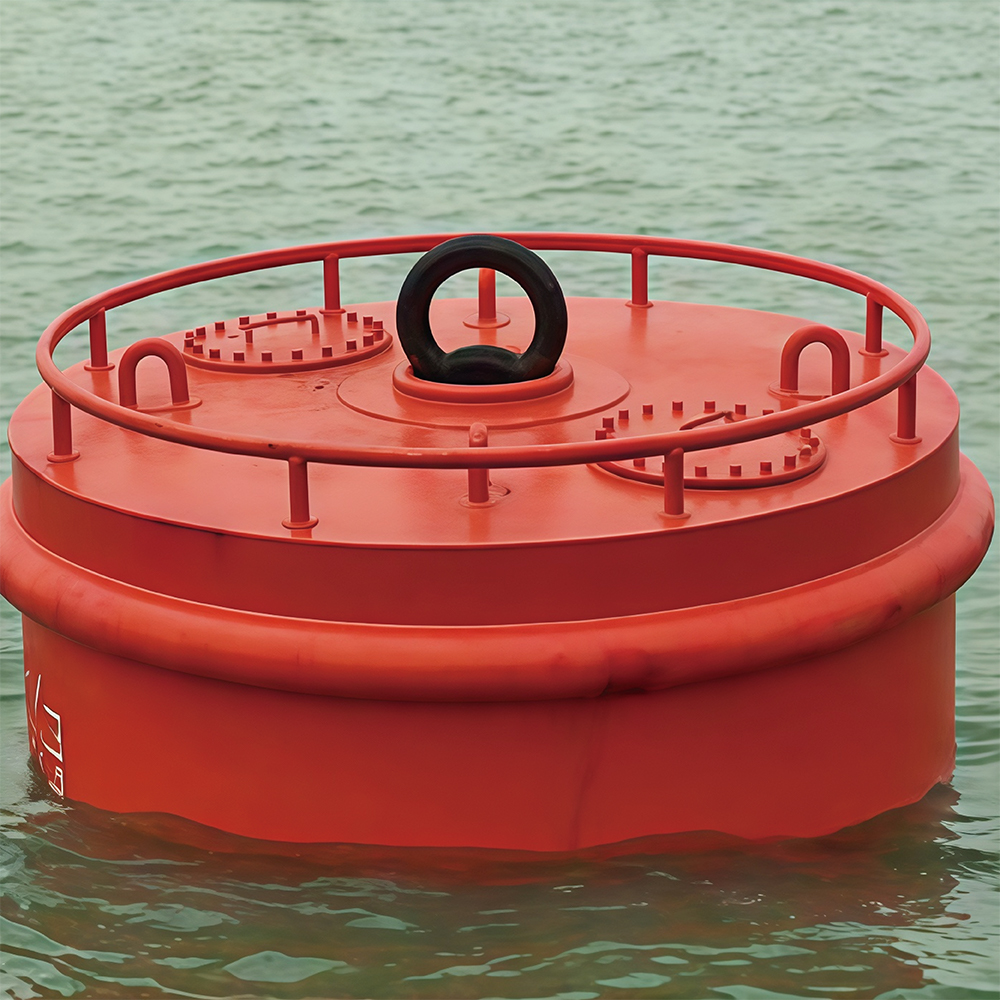 Red steel mooring buoy floating on water