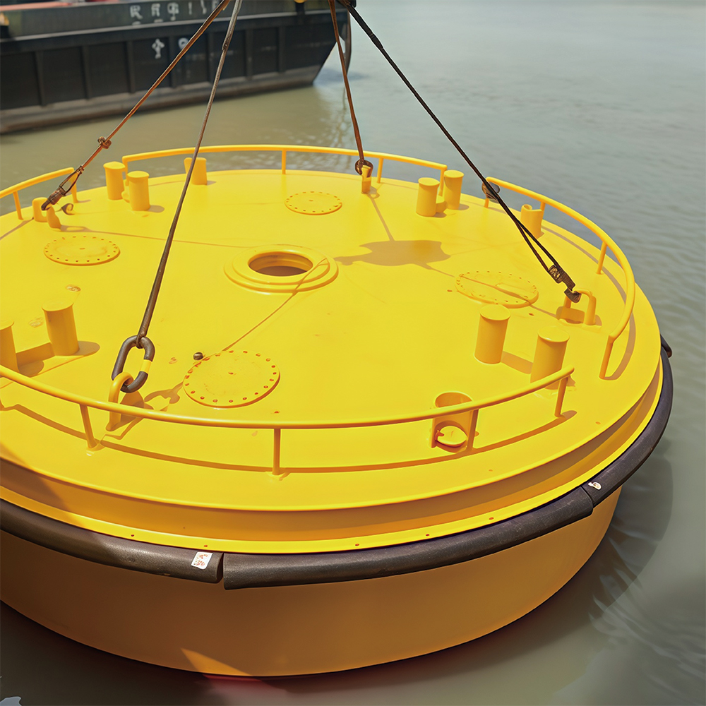 Yellow mooring buoy suspended beside the water