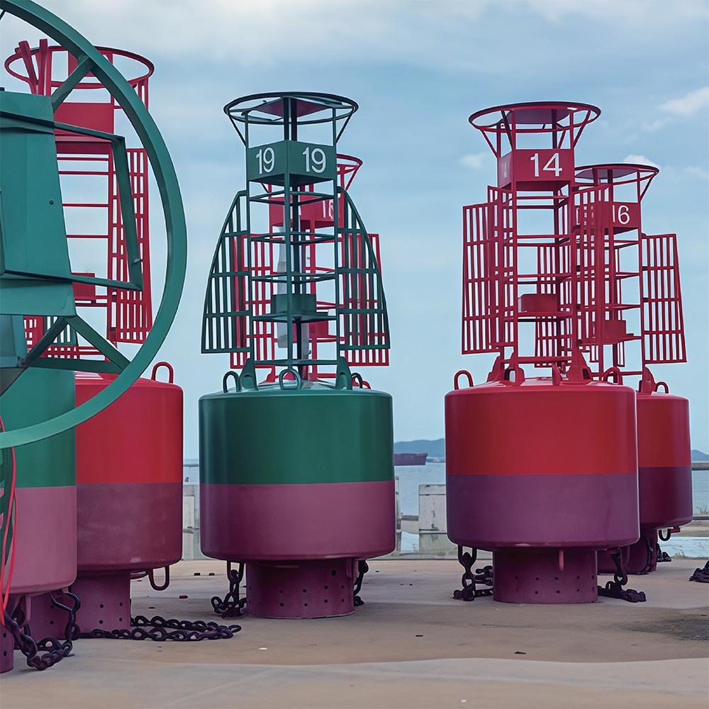 Red and green navigation buoys standing in a yard