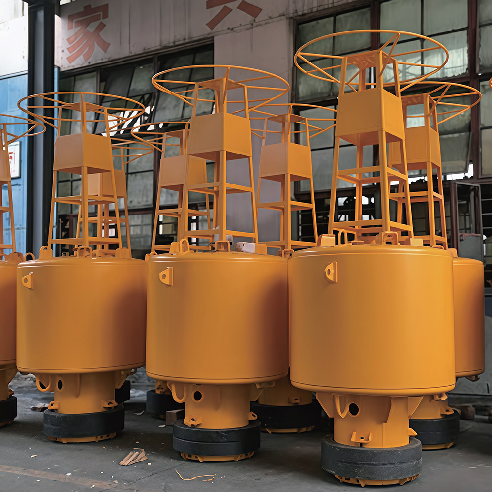 Yellow navigation buoys arranged in a workshop