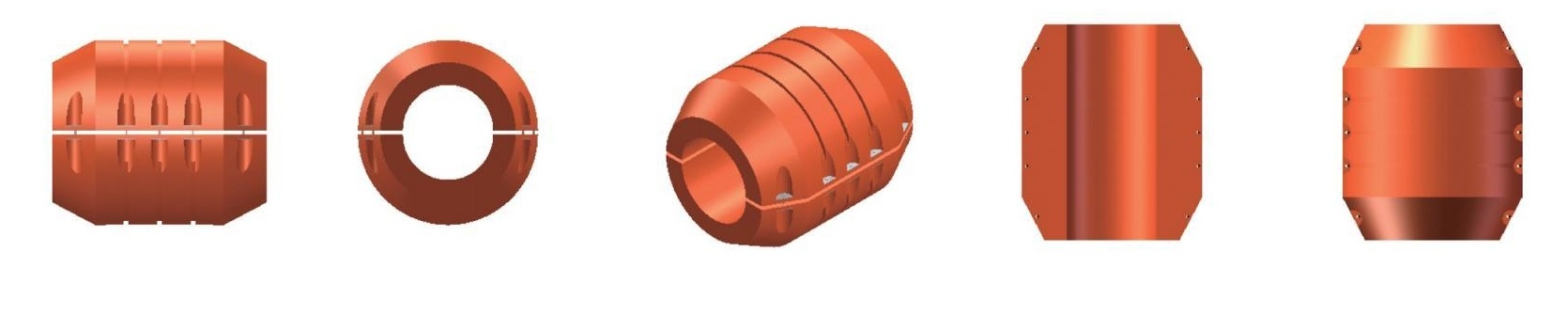Five catalogue views of split pipe floats showing the central opening and bolted split-shell arrangement
