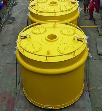 Catalogue close-up of the top fittings and access covers on a steel mooring buoy